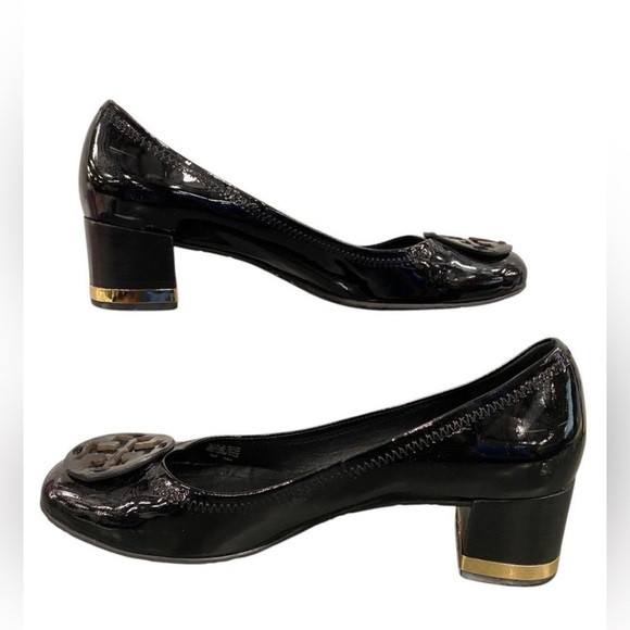 Tory Burch Amy Patent Leather Block Heel Pumps Black Gold Trim Logo Size 8 M - Picture 5 of 13